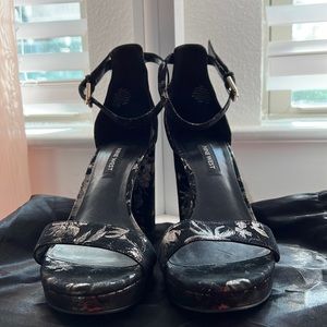 Black And Gold Floral Block Heel